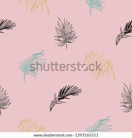 Pink seamless pattern with tropic palms leaves. Hand drawn fashion sketch on pastel pink background. Exotic botanical floral illustration.