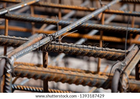 Industrial background. Construction rebar steel work reinforcement. Closeup of Steel rebars