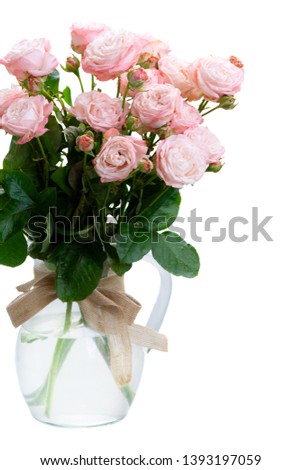 Rose small fresh flowers bouquet in glass vase close up isolated on white background
