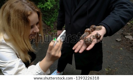 A girl takes pictures of snails in male hands. Girl shoots a snail on a smartphone.
