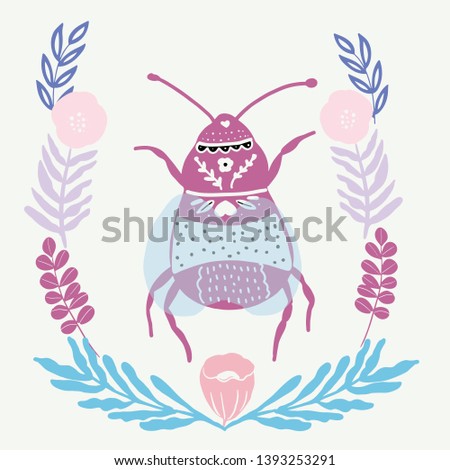 folk art bug with floral element ornament Scandinavian style