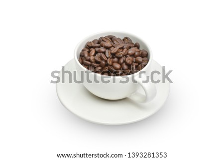Roasted coffee beans in white cup isolated on white background view with clipping path. 