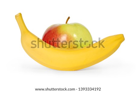 Banana and apple isolated on white background. Clipping path of banana. Fruits as package design element.