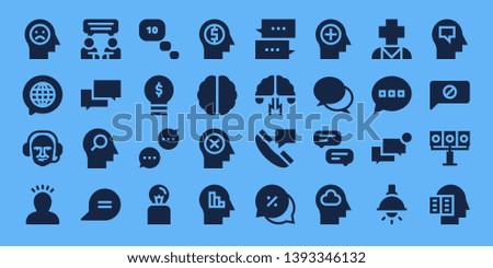think icon set. 32 filled think icons. on blue background style Simple modern icons about  - Mind, Chat, Commentator, Idea, Thinking, Lightbulb, Brain, Brainstorming, Conversation