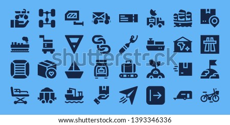 transport icon set. 32 filled transport icons. on blue background style Simple modern icons about  - Motorbike, Cargo, Boxes, Stretcher, Chassis, Carrier, Package, Carriage, Rearview mirror