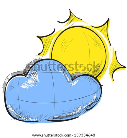 Weather icon sun and cloud. Hand drawing sketch illustration