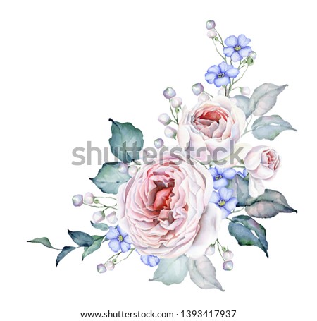Watercolor Flowers. Roses Bouquet. White and Pink Roses. Floral illustration. Leaves and buds. Blue flowers. Botanic composition for wedding or greeting cards