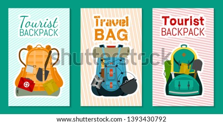 Tourist camping backpack set of banners, cards. Travel accessories vector illustration. Classic styled hiking backpacks with sleeping bags. Camp and hike colorful bags and knapsacks.
