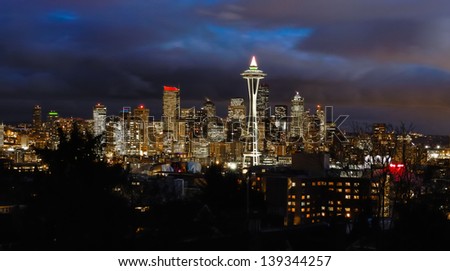 Timed exposure of downtown Seattle  looking at Space Needle