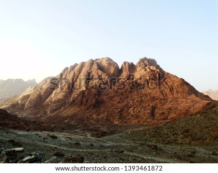 Mount Sinai, known as Mount Horeb or Gabal Musa, is a mountain in the Sinai Peninsula of Egypt that is a possible location of the biblical Mount Sinai, considered a holy site by the Abrahamic religion Royalty-Free Stock Photo #1393461872