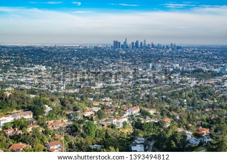 Sunny and beautiful Los Angeles skyline view in the daytime 