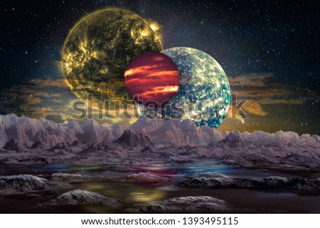 Fantastic extraterrestrial world landscape. Mountain planet surface with water and three alien moons above the cloudy atmosphere. Elements of this image furnished by NASA.