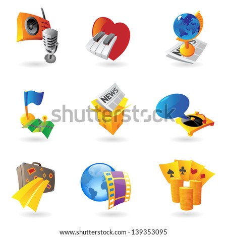 Icons for leisure, travel, sport and arts. Raster version. Vector version is also available.