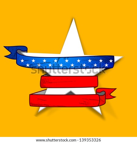 4th of July, American Independence Day concept .Star wrapped up with national flag colors ribbon on yellow background.