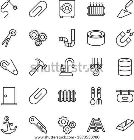 thin line vector icon set - clip vector, open pin, iron fork spoons, winch hook, trowel, adjustable wrench, ladder, siphon, ntrance door, stationery knife, new radiator, kitchen faucet, anchor
