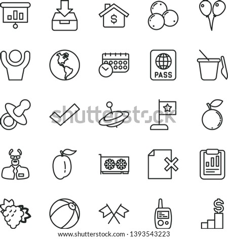 thin line vector icon set - check mark vector, dummy, baby bath ball, toy mobile phone, children's sand set, yule, colored air balloons, passport, put in a box, delete page, branch of grape