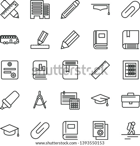 thin line vector icon set - clip vector, briefcase, graphite pencil, yardstick, book, new abacus, e, buildings, writing accessories, drawing, calculation, square academic hat, scribed compasses, bus