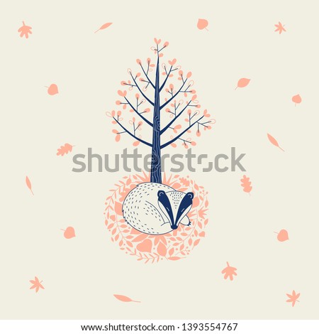 Autumn Forest themed vector illustration. Cute badger sleeping in fall leaves under the tree graphics. Woodland childish print in Scandinavian decorative style. Cute forest tree animal poster t-shirt