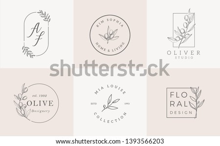 Logo templates set. Elegant logo design with leaves, branch and wreath - Vector Royalty-Free Stock Photo #1393566203