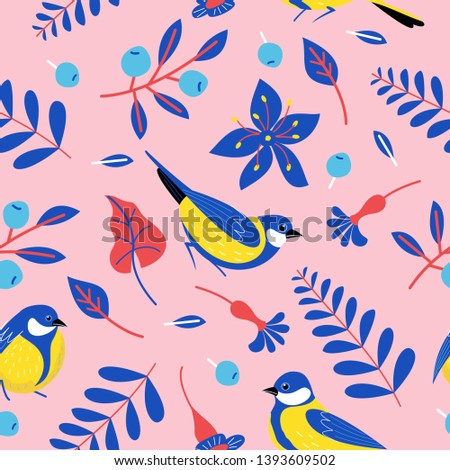 Seamless pattern with birds, flowers, leaves and berries. Birds titmice on a pink background. Vector illustration.