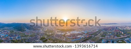 Beijing Lun Port Elevated Container Dashan Aerial Photo of Sunset City Skyline in Ningbo, Zhejiang Province, China