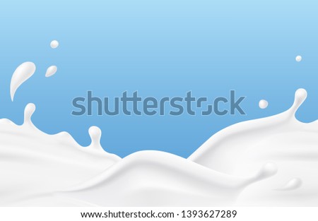 Milk splash seamless pattern. 3d realistic yogurt wave border on blue background. Vector milk package design. Royalty-Free Stock Photo #1393627289