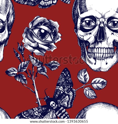 Unusual and surreal texture with skulls, roses, eyes and Death's head hawk moths. Hand-drawn vector seamless pattern for your mystic design.