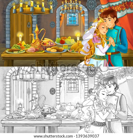 Cartoon fairy tale scene with prince and princess married couple by the table full of food with coloring page sketch - illustration for children
