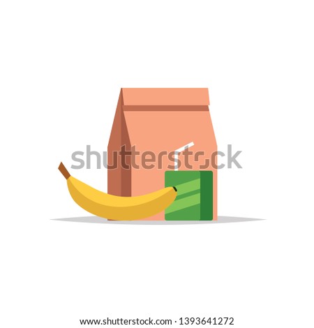 Lunchbox - paper bag with a meal, juice and a banana. School meal, children's lunch. Vector illustration in flat style, isolated on white background 
