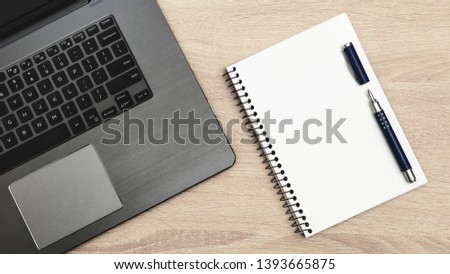 Flat lay office desk workspace, laptop and notebook, notepad for taking notes in business meeting, pen and paper, minimal design flat lay background, blogger workplace at home, student study space