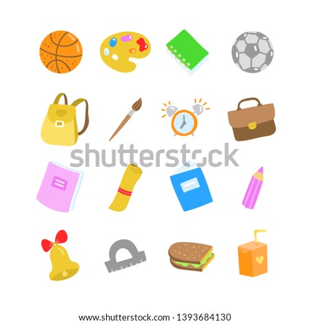 School flat vector icons on white background. Cute educational illustrations for kids and children