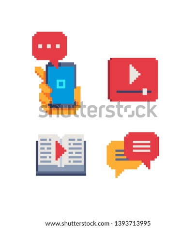 Tutorial online education e-learning icons. Design for stickers,  web, logo, mobile app. Distance learning specialty. Isolated pixel art vector illustration.