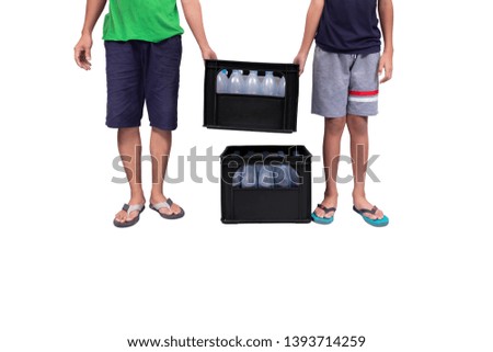 Two people raised plastic crates with water bottles isolated on white background.
