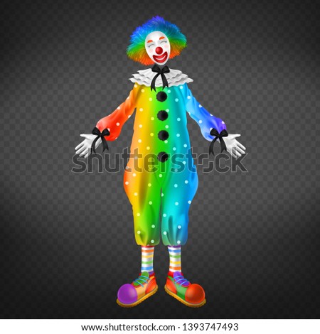 Clown in circus, party man isolated on transparent background. Funny comedian, jester character wearing rainbow periwig, white mask, red nose and colorful costume. Realistic 3d vector illustration.
