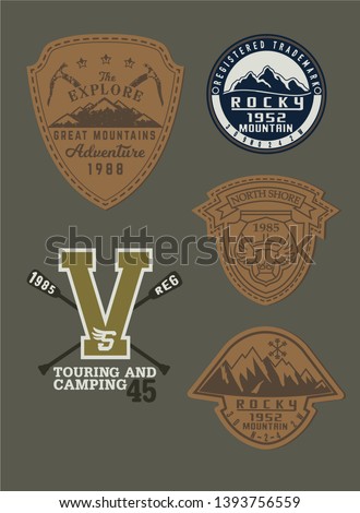 Alpine skiing and mountaineering patches collection vintage vector artworks of alps applique badges