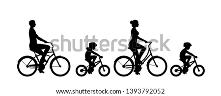 Happy family riding bicycle together. Group of people riding bikes. isolated on white background