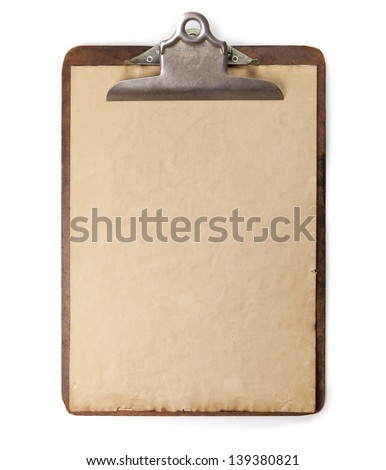 Vintage or antique clipboard and blank paper isolated on white. Royalty-Free Stock Photo #139380821