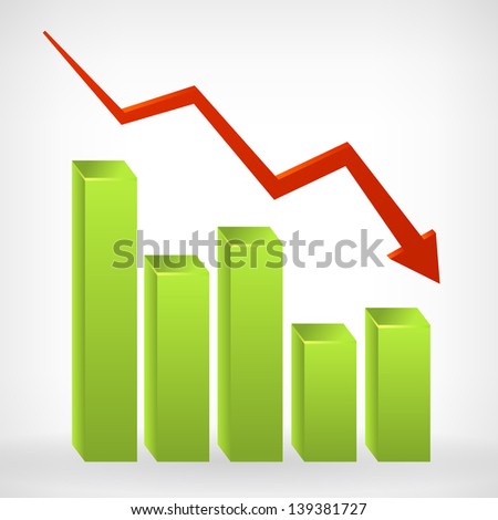 Business down shiny chart width negative arrow. Vector illustration. Isolated from background.