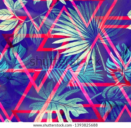 Seamless pattern with tropical leaves and 
geometric shapes. Tropical  background.
