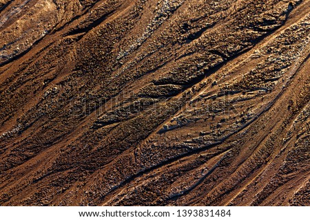 Abstract mud background with water washout trails and selective focus. Mars terraforming style. Royalty-Free Stock Photo #1393831484