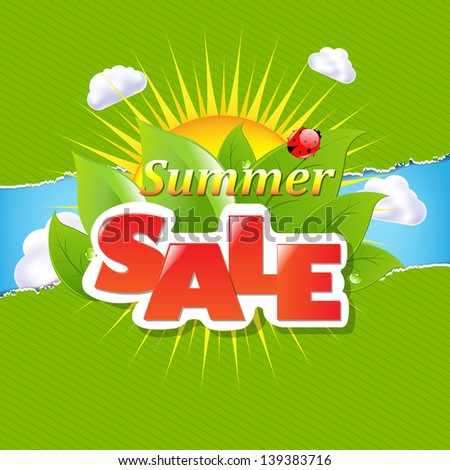 Green Torn Paper Borders And Summer Sale Banner With Gradient Mesh, Vector Illustration