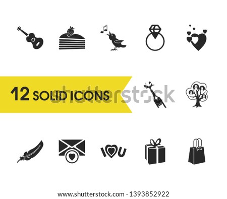 Love icons set with open champagne, love letter and guitar elements. Set of love icons and merchandise concept. Editable vector elements for logo app UI design.