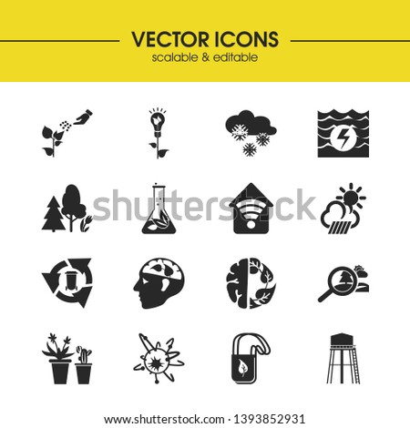 Ecology icons set with zero waste, atomic energy and water tank elements. Set of ecology icons and creative concept. Editable vector elements for logo app UI design.