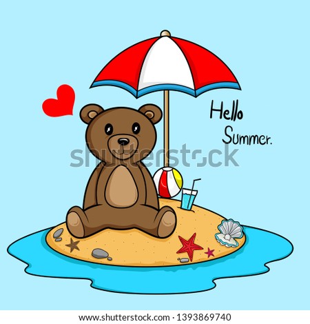 Hello Summer Bear on the beach vector cartoon illustration, Clip Art
