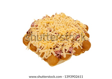 Hong Kong waffle with ham and tomato sauce, pizza, isolate on white background, side view