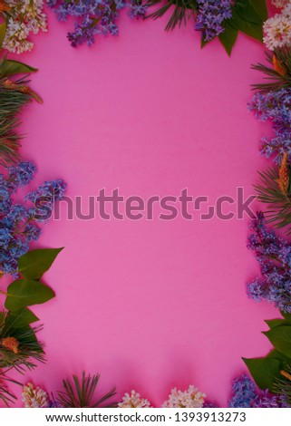 frame of flowers of lilac and mistletoe background bright pastel color