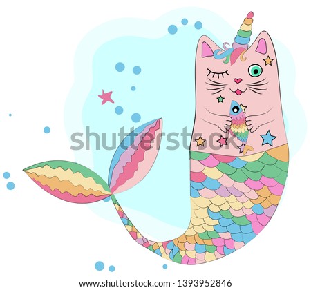 Cat unicorn with a mermaid's tail in the colors of the rainbow and with a rainbow fish in its paws, print design