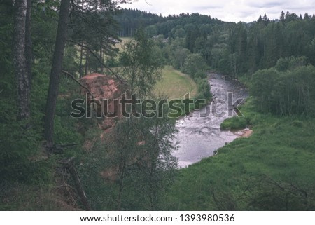 rocky stream of river deep in forest in summer green weather with sandstone cliffs and old dry wood trunks. Amata river in Latvia near Cesis - vintage old film look