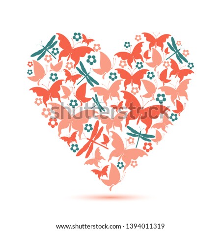 Pink heart, butterflies, valentine card vector illustration