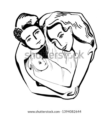 hand draw circle illustration Happy young parents hugging a small baby line art